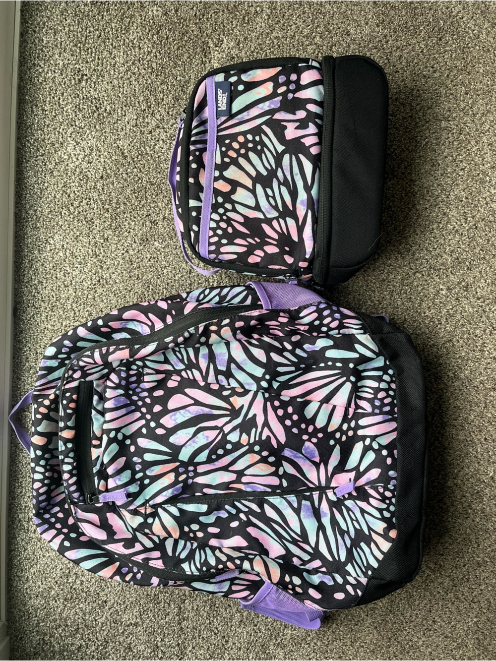 Lands' End Black Backpack and Lunch Bag with Pastel Butterfly Print